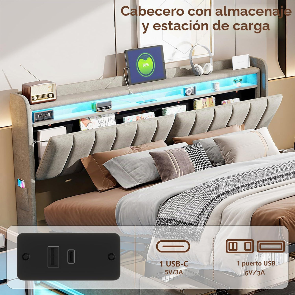 Cama tapizada de 160 x 200 cm, cama doble LED con espacio de almacenamiento, cabecero y función de carga USB C, cama de almacenamiento hidráulico, respaldo con somier de láminas de madera
