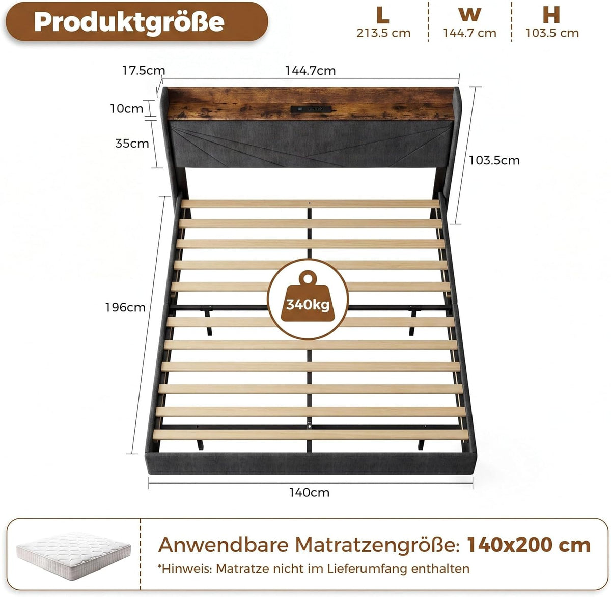 IRONCK Cama Tapizada 140 x 200 cm con Estación de Carga y Luces LED