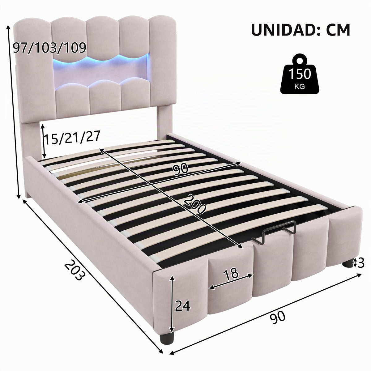 Kebnor Cama tapizada con somier, luz ambiental con mando a distancia, diseño de princesa heredera, material PU, color rosa (sin colchón) (140 x 200 cm)