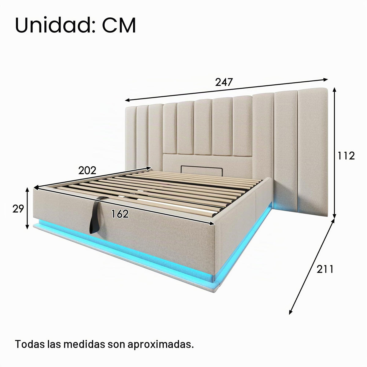 Cama tapizada 180×200cm, Cama Doble con canapé con LED y función de Carga USB-C, PU, sin colchón ni mesita de Noche (Blanco, 180 x 200 cm)