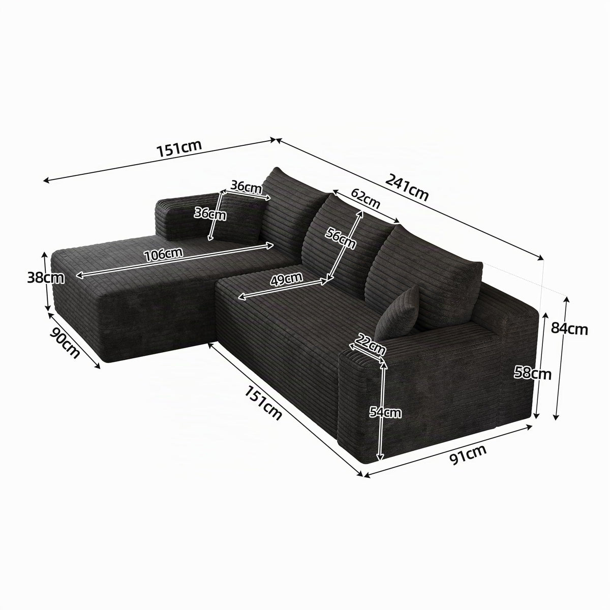 Sofá modular de 200 cm, sofá de 2 plazas con portabebidas y bolsillo de almacenamiento lateral, sofá comprimido de pana, sofá seccional para sala de estar y dormitorio