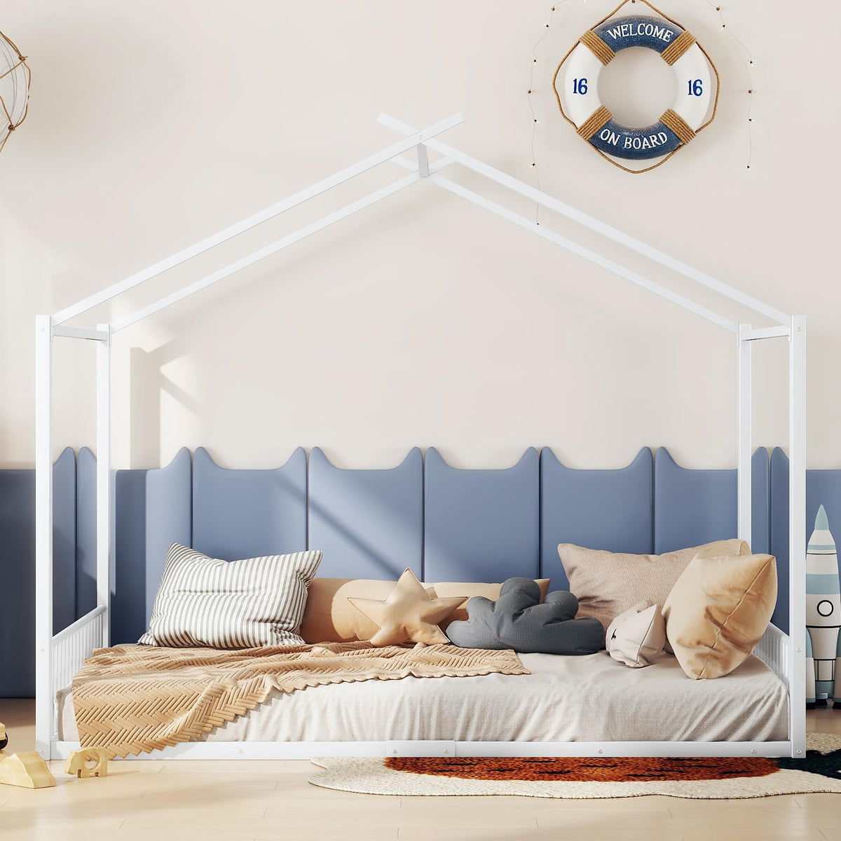 Cama infantil de 90 x 200 cm, dos camas de 90 cm con protección anticaídas, cama doble con modelado de casa, marco de hierro, color blanco, ideal para 2 niños