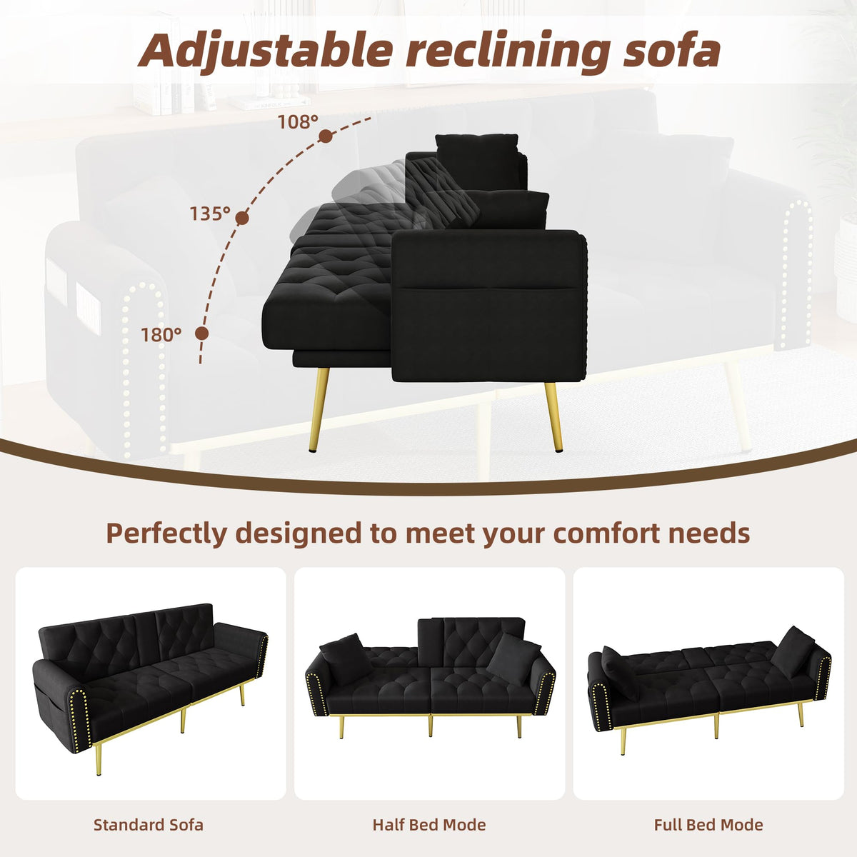 Azkoeesy Sofá cama de 2 plazas con soporte para bebidas, 175 cm, sofá cama con función de dormir, respaldo ajustable en 3 posiciones, patas metálicas doradas y remaches, para sala de estar y cine en