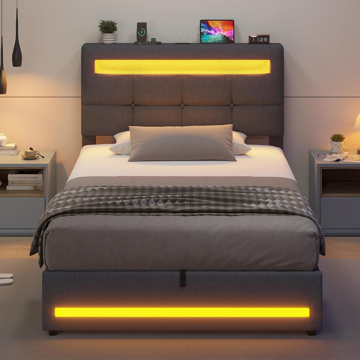 AOGLLATI Camas Matrimoniales 140x190 cm con Almacenamiento Hidráulico, Cama Canapé con Cabecero Ajustable, Estructura de Cama con Luces LED y Estación de Carga (USB y Tipo-C), Gris Oscuro