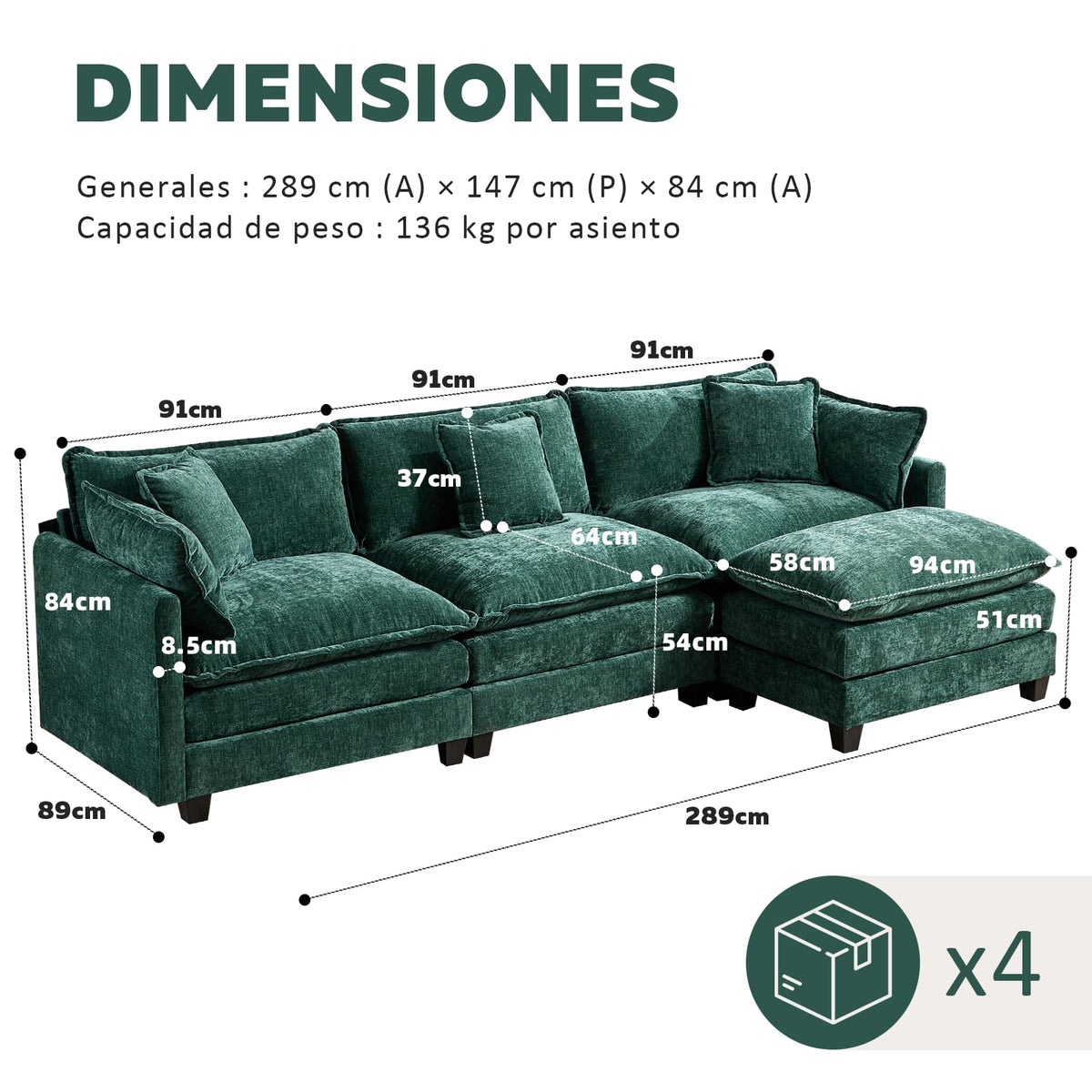 Sofá Modular Modular de 380.0 cm en Forma de L, sofás Convertibles de Gran tamaño, sofá de felpilla de 4 plazas con Asiento Profundo SleeperCloud con Almohadas y 2 otomanas para Sala de