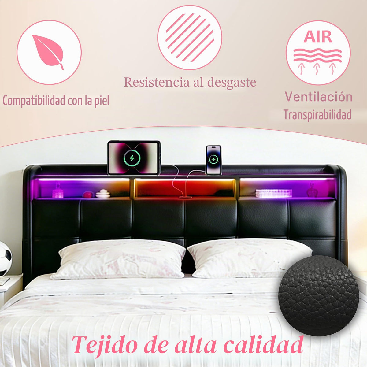 Estructura de Cama 140x200 cm con iluminación LED, Lino, Gris