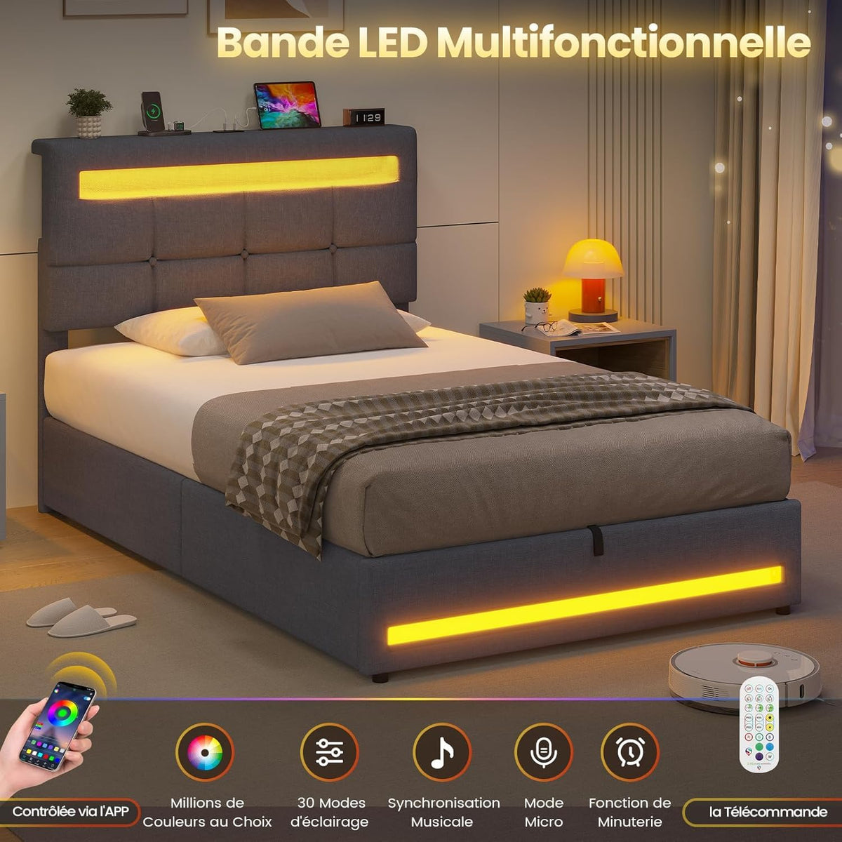 AOGLLATI Camas Matrimoniales 140x190 cm con Almacenamiento Hidráulico, Cama Canapé con Cabecero Ajustable, Estructura de Cama con Luces LED y Estación de Carga (USB y Tipo-C), Gris Oscuro
