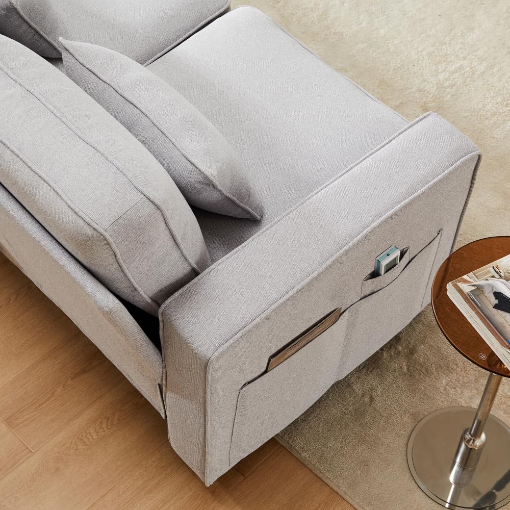 Lubvtti Sofá moderno de 4 plazas con bolsillos para reposabrazos y 4 cojines, con consola, 2 portavasos y 2 enchufes USB, de lino, adecuado para muchas ocasiones (Dark Gris+USB)