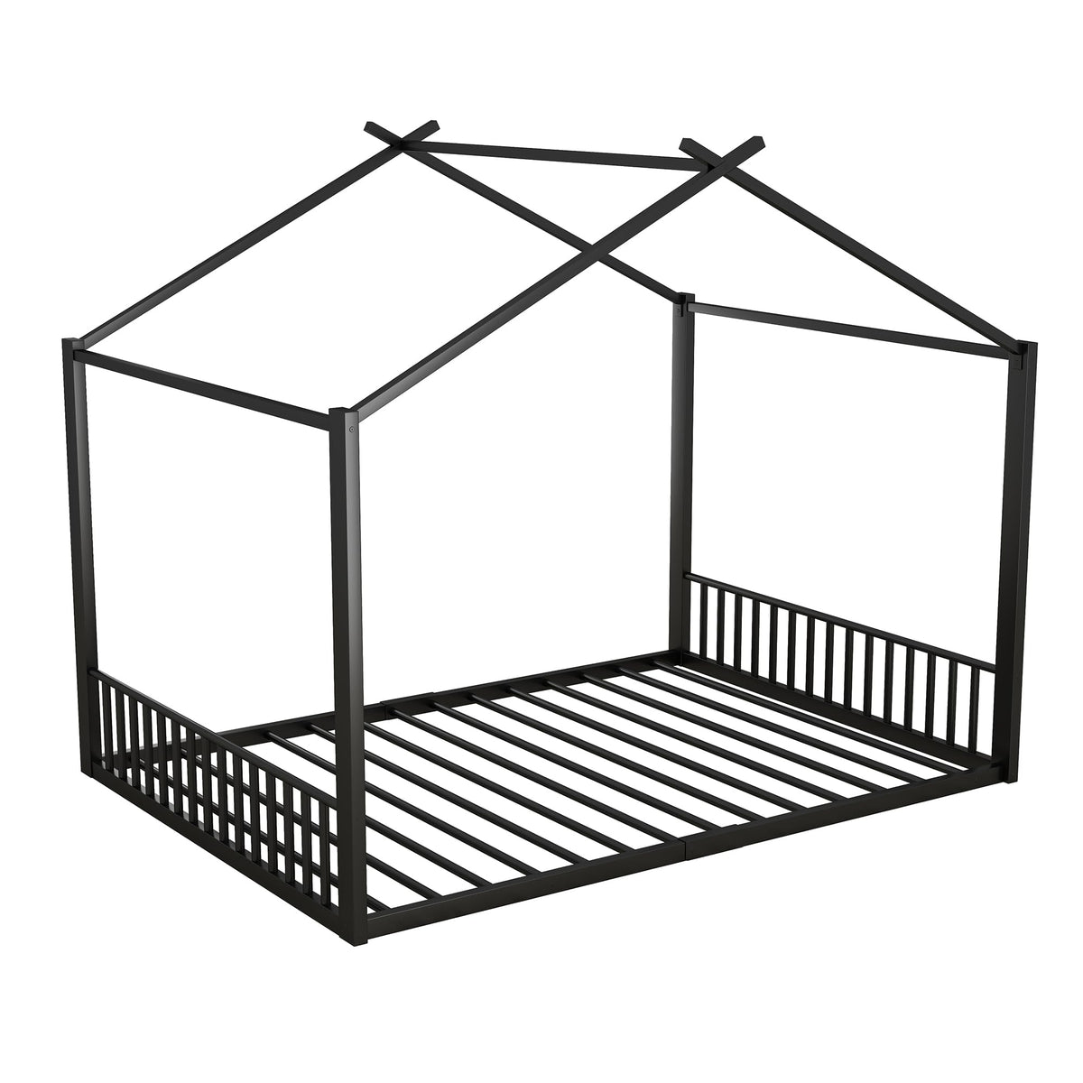 Cama infantil de 90 x 200 cm, dos camas de 90 cm con protección anticaídas, cama doble con modelado de casa, marco de hierro, color blanco, ideal para 2 niños