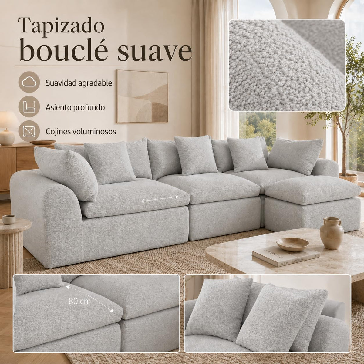 Sofá cama con respaldo en forma de L de 275 cm, 4 plazas, de terciopelo nube, con otomana izquierda y derecha, sin montaje, moderno sofá de salón para salón (gris)