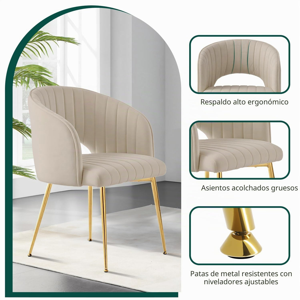 Juego de 6 sillas de comedor de terciopelo, sillas tapizadas con reposabrazos, patas doradas, sillas de cocina, para salón, dormitorio, oficina (6, blanco crema)