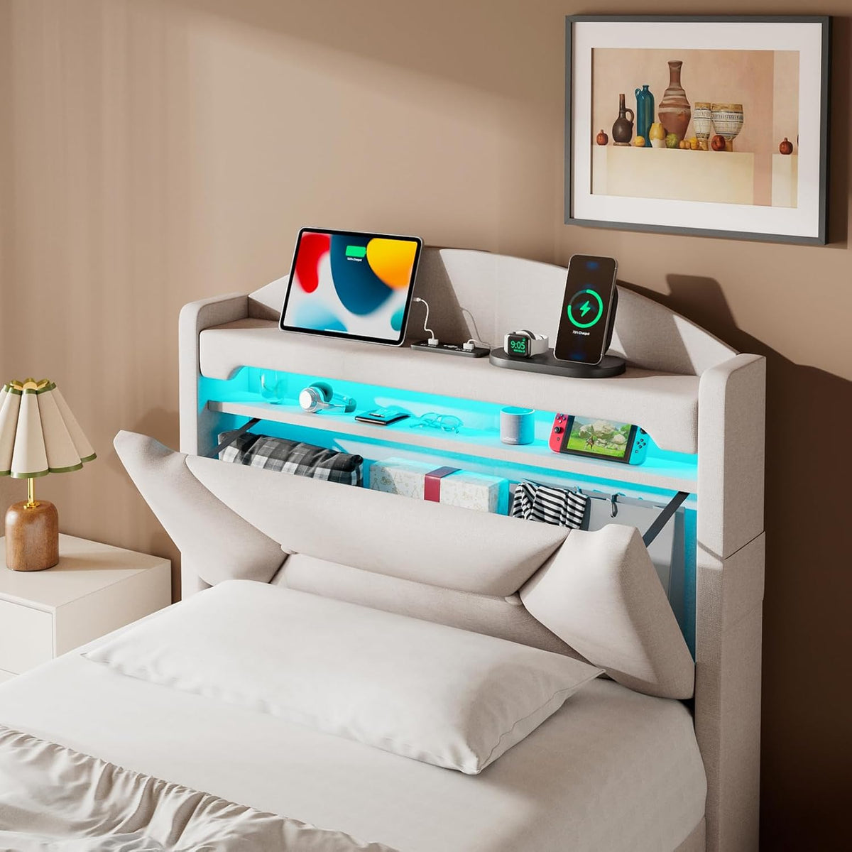 Cama 90x200 cm con Almacenamiento, Cama Individual con LED, Puertos USB y Type-C, Somier 90x200 Hidráulico, Camas Juveniles Camas Infantiles con Cabecero, Lino, Beige, Colchón No Incluido