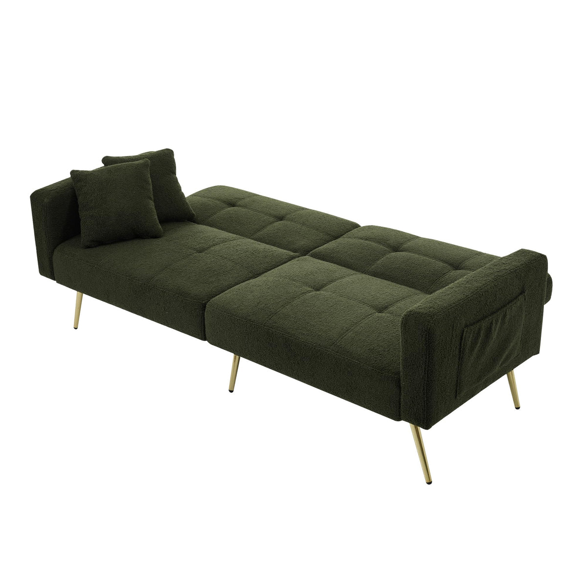 Sofá cama con esquinas ajustables, patas doradas, almohadas y bolsillos laterales para almacenamiento (Bavia)