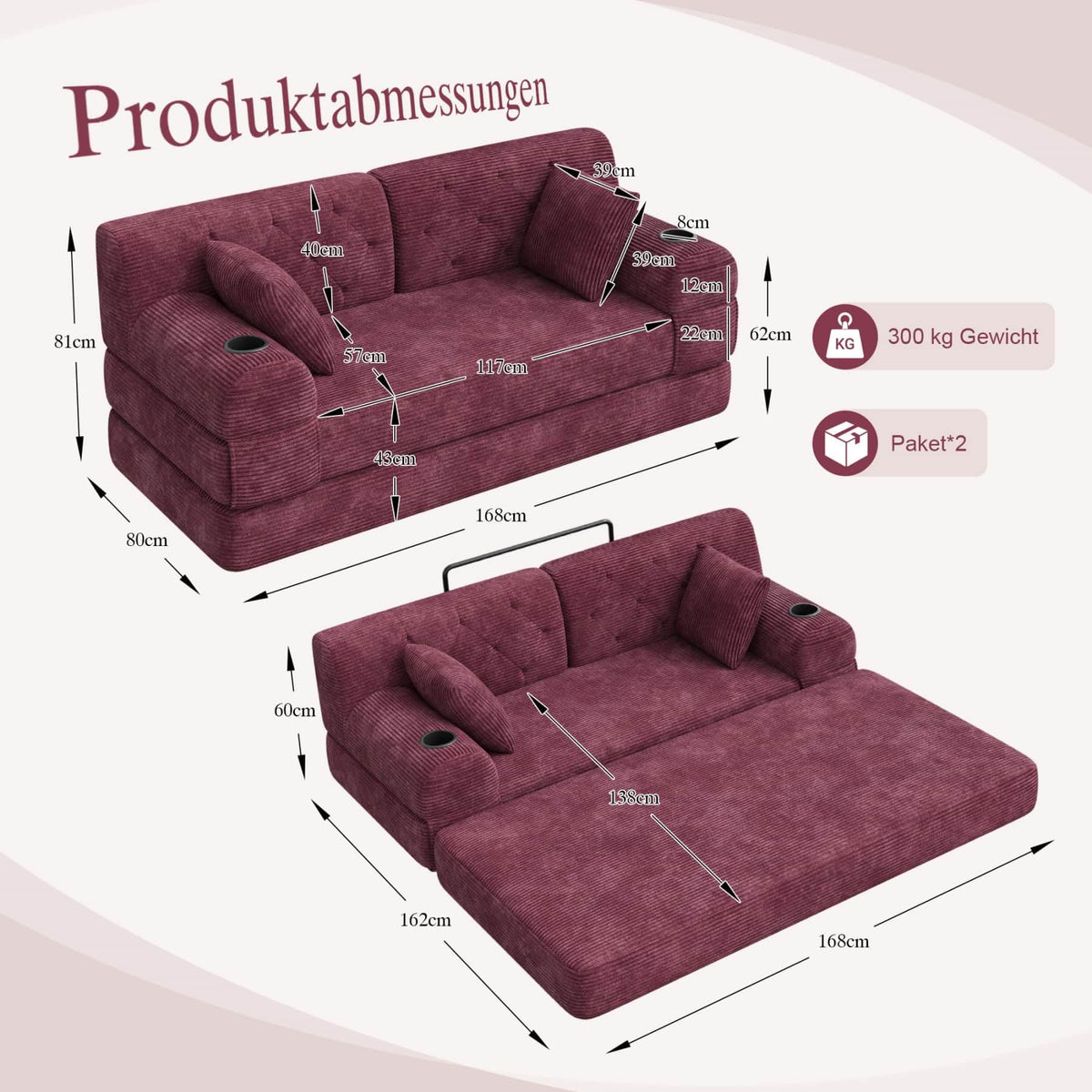 YEHTOKHOME - Sofá de Velor acanalado con respaldo alto y estructura metálica, sofá moderno de 2 plazas con 2 portavasos y 4 bolsillos laterales, para salón, dormitorio (Beige)