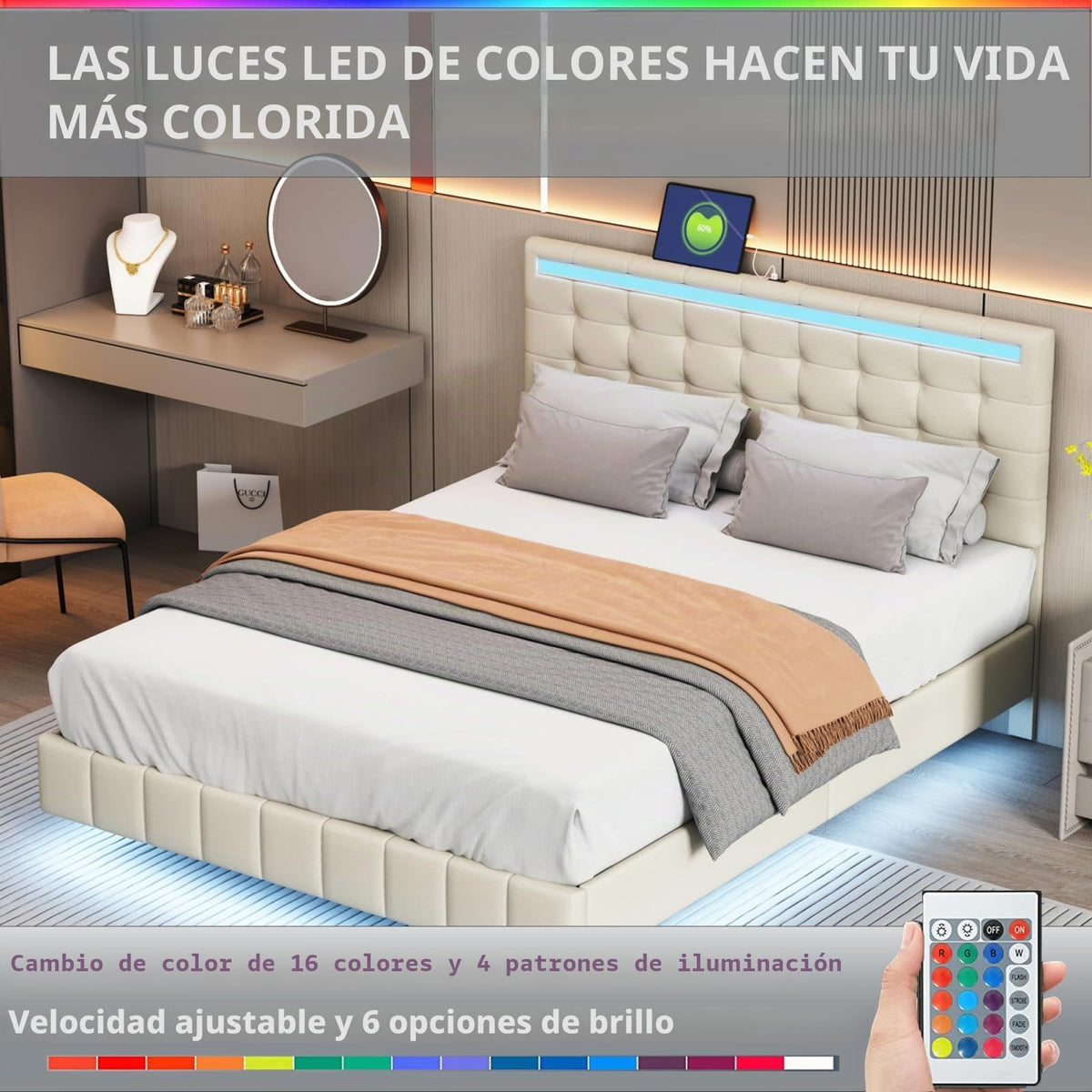 BRILVERDE Cama Tapizada 160x200 con Almacenamiento, Cama matrimonial con cajones, Cama Nido con LED, Cabecero Acolchado y Base de Láminas, Terciopelo (Beige, 160 x 200 cm)