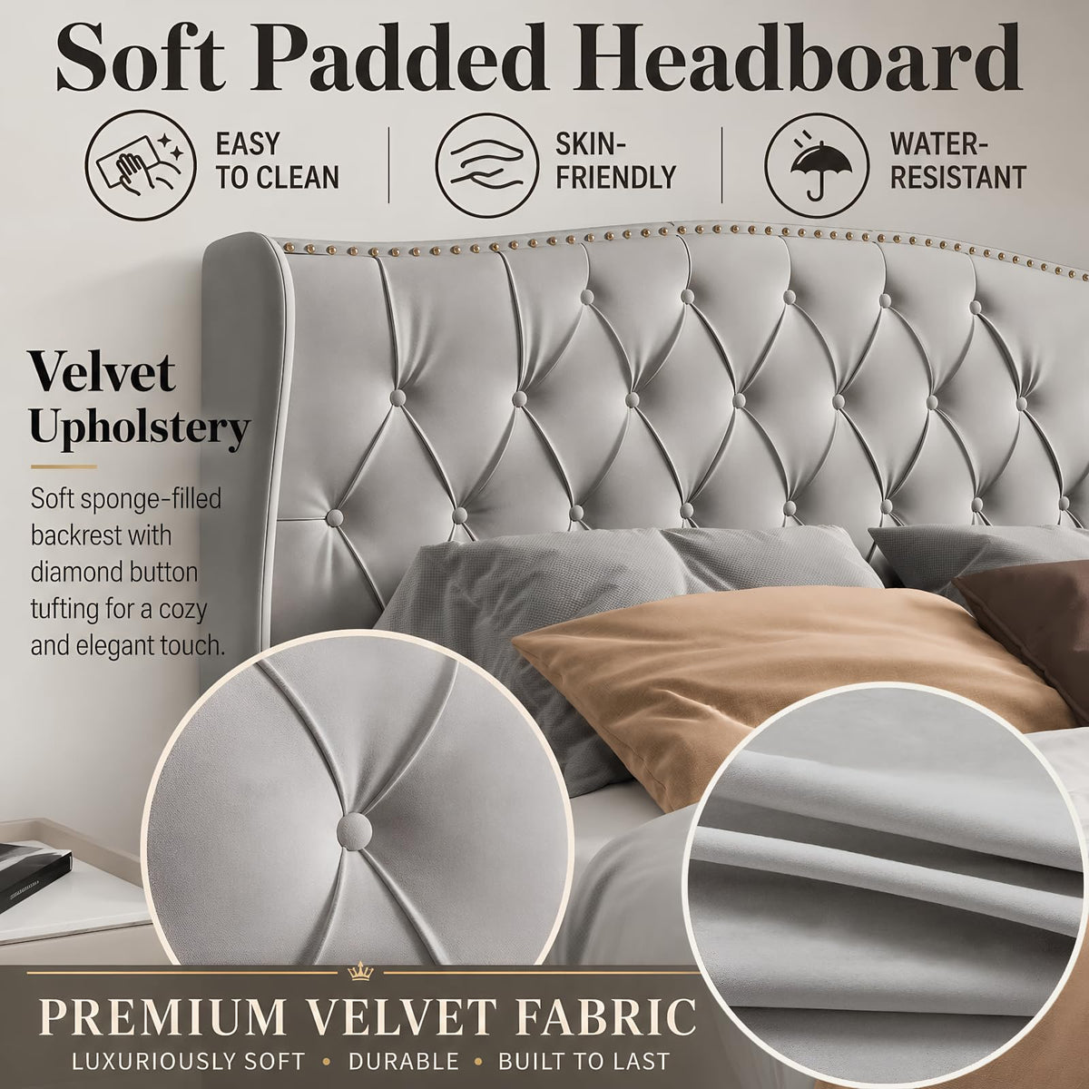 BRILVERDE Cama Tapizada 160x200 con Almacenamiento hidráulico, Cama matrimonial con lámpara de mesita, Cabecero Acolchado y Base de Láminas, Terciopelo (Beige, 160 x 200 cm)