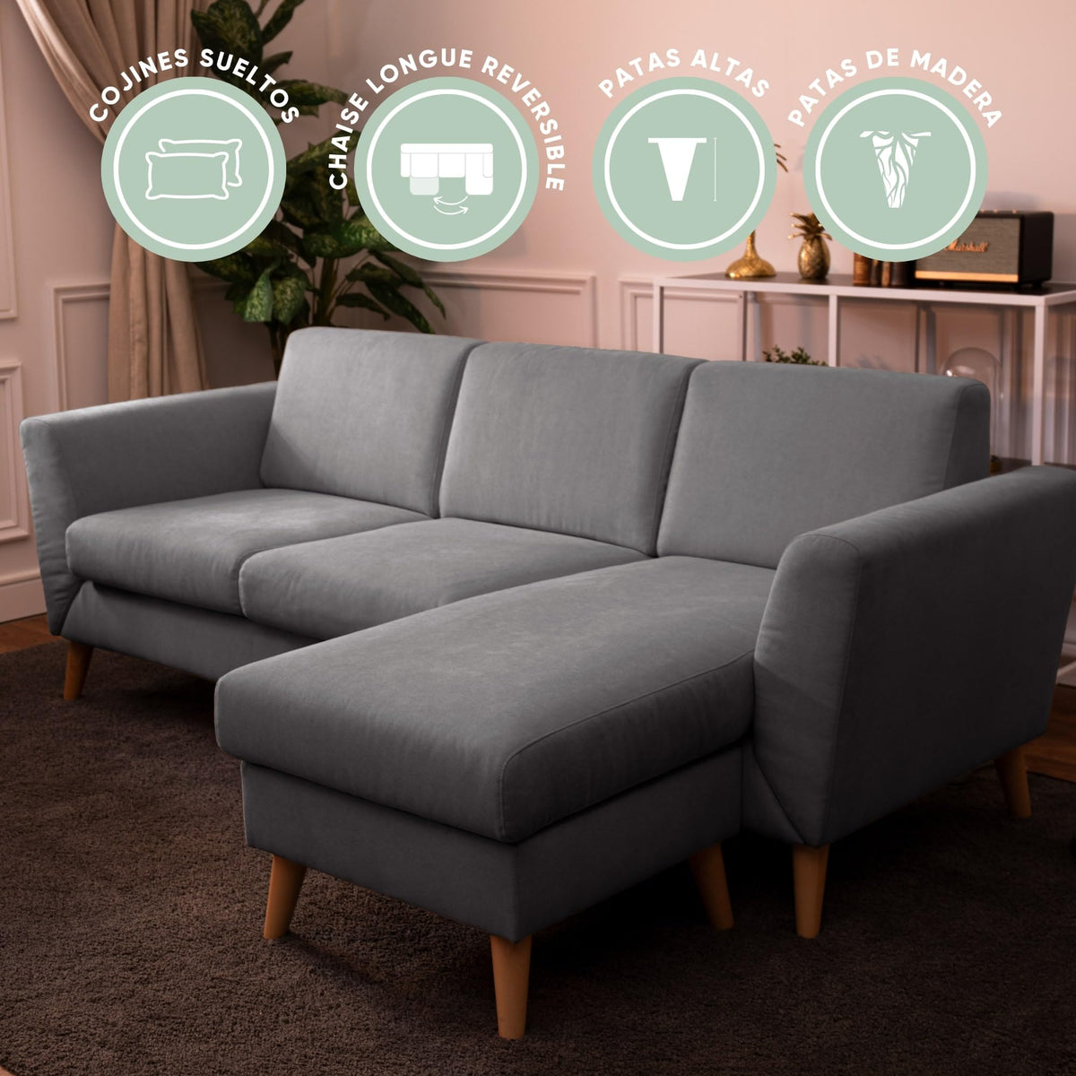 BUDWING Leah Sofá Cama Esquinero 3 Plazas - Chaise Longue Reversible y 2 Cojines Decorativos – Tapizado en Poliéster – Estilo Moderno – 233x124x69 cm – Gris Bicolor