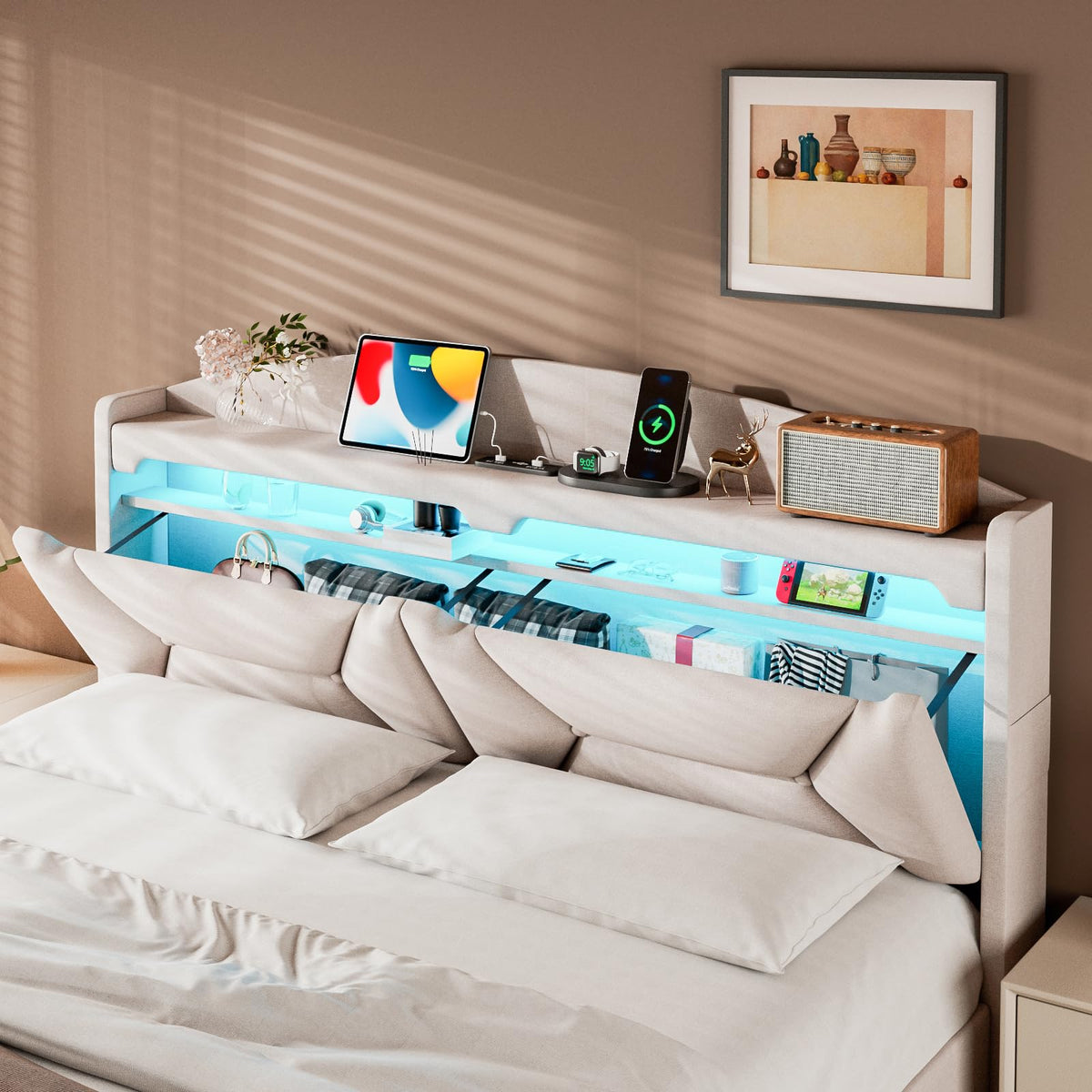 Cama 90x200 cm con Almacenamiento, Cama Individual con LED, Puertos USB y Type-C, Somier 90x200 Hidráulico, Camas Juveniles Camas Infantiles con Cabecero, Lino, Beige, Colchón No Incluido