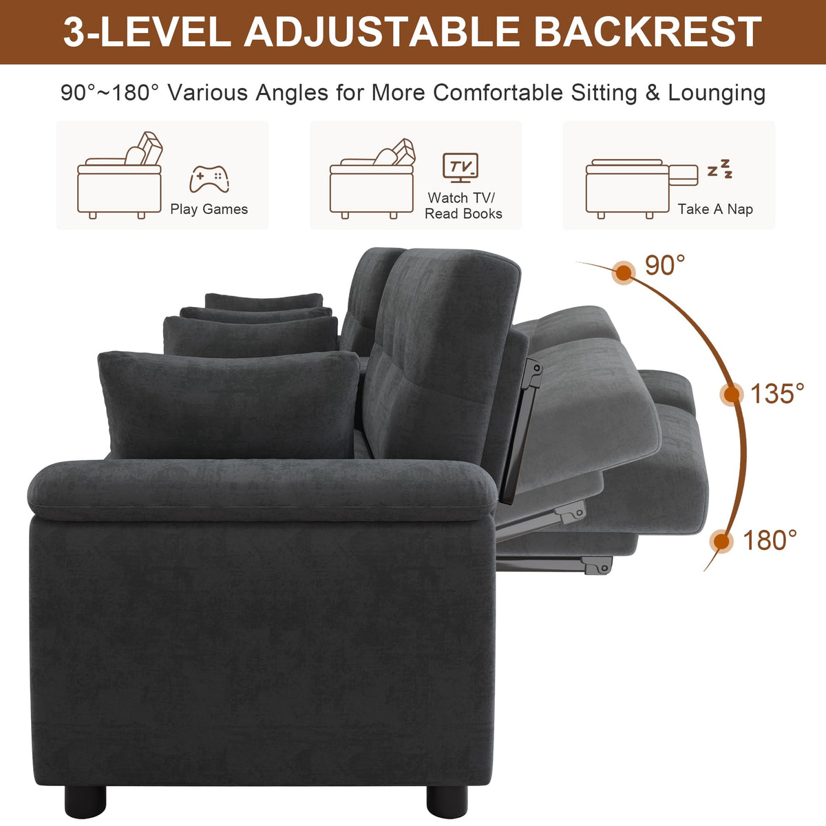 LAKFEW Sofa Cama con Cama Extensible y Taburete Almacenaje, Sofa Rinconera con USB, Lámpara de Lectura, Mesa Plegable con 2 Posavasos, 205x205x85 cm, Gris