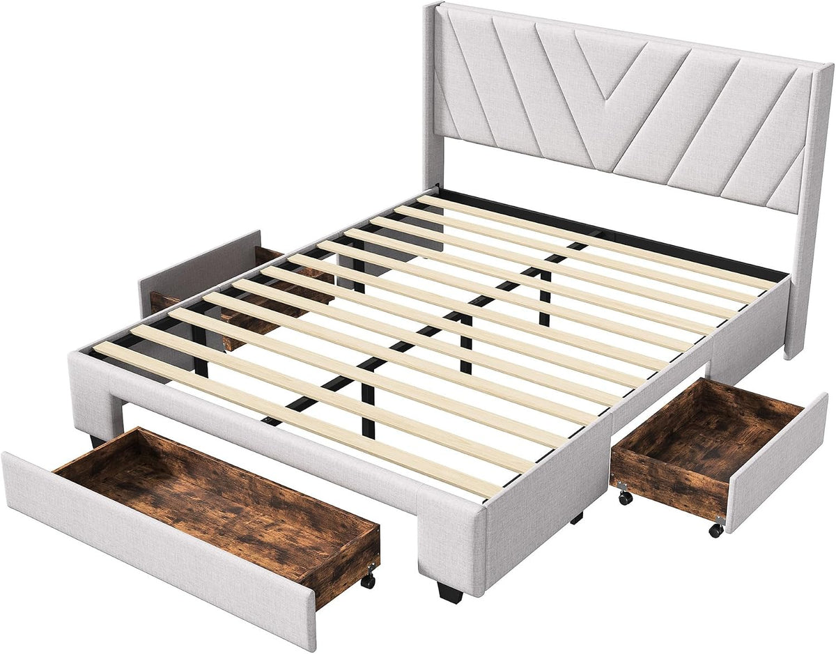 BRILVERDE Cama de matrimonio 160x200 cm, cama tapizada con 3 cajones, cama con cabecera y somier de láminas, sin colchón, lino (Beige(59), 160x200 cm)