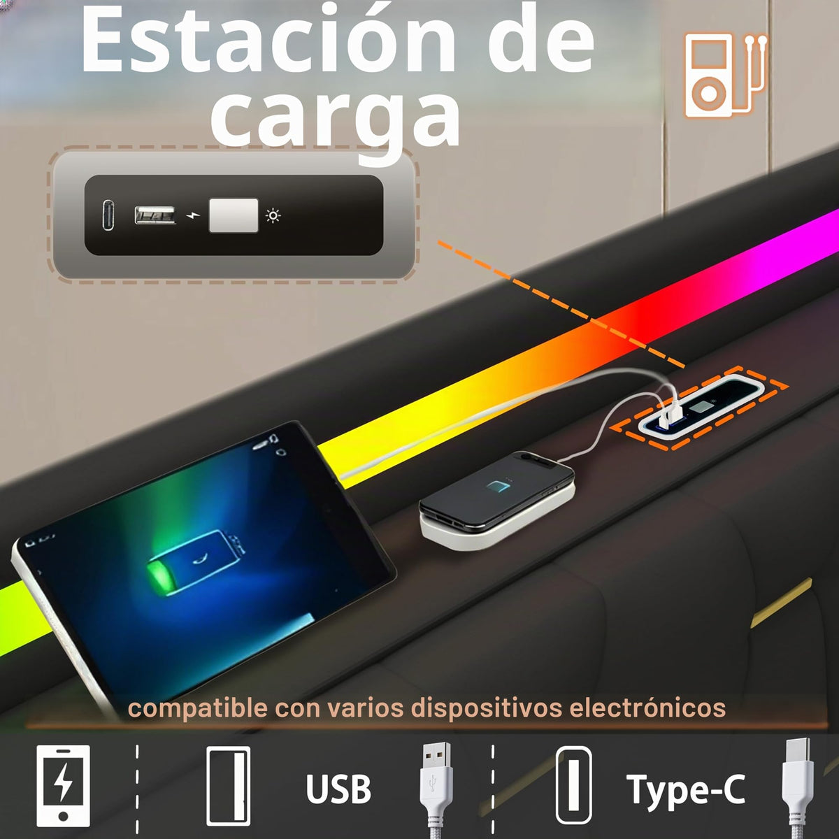 Estructura de Cama de Cuero 160x200cm con Carga USB Type-C, Blanco