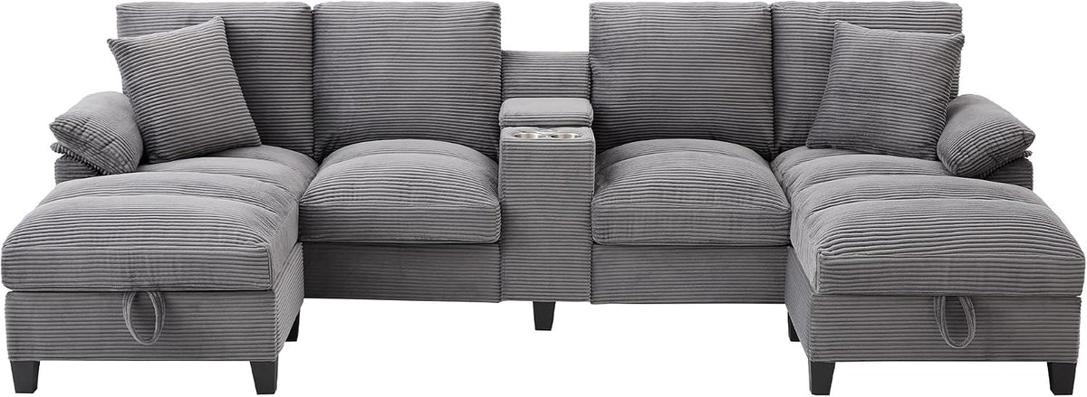 Azkoeesy - Sofá de 4 plazas con 2 reposapiés y espacio de almacenamiento, consola con 2 portavasos y enchufe, 293 cm, forma U, tapizado en pana, adecuado para sala de estar, dormitorio y apartamentos