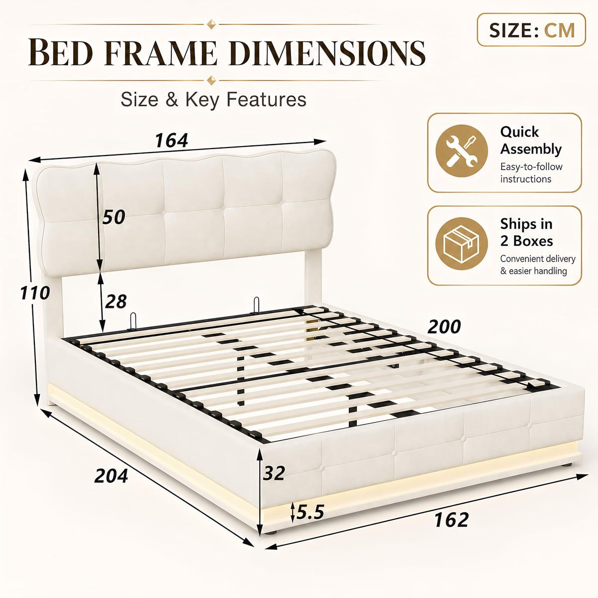 BRILVERDE Cama Tapizada 140x200 con Almacenamiento hidráulico, Cama matrimonial con Toma USB y luz LED, Cabecero Acolchado y Base de Láminas, Terciopelo (Beige, 140 x 200 cm)