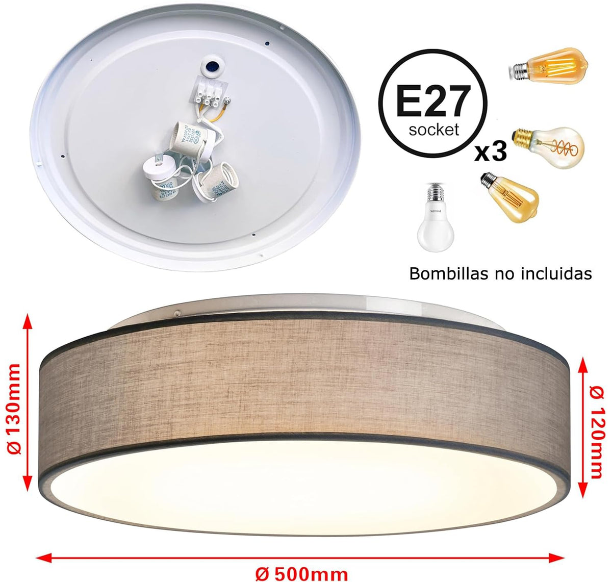 Plafón de Techo Redondo de Tela 38 cm, Pantalla Textil con 2 Casquillo E27 (40W máx.) Lámpara de Techo para Salón, Dormitorio, Pasillo o Habitación Infantil,Sin bombilla (Taupe, 38)
