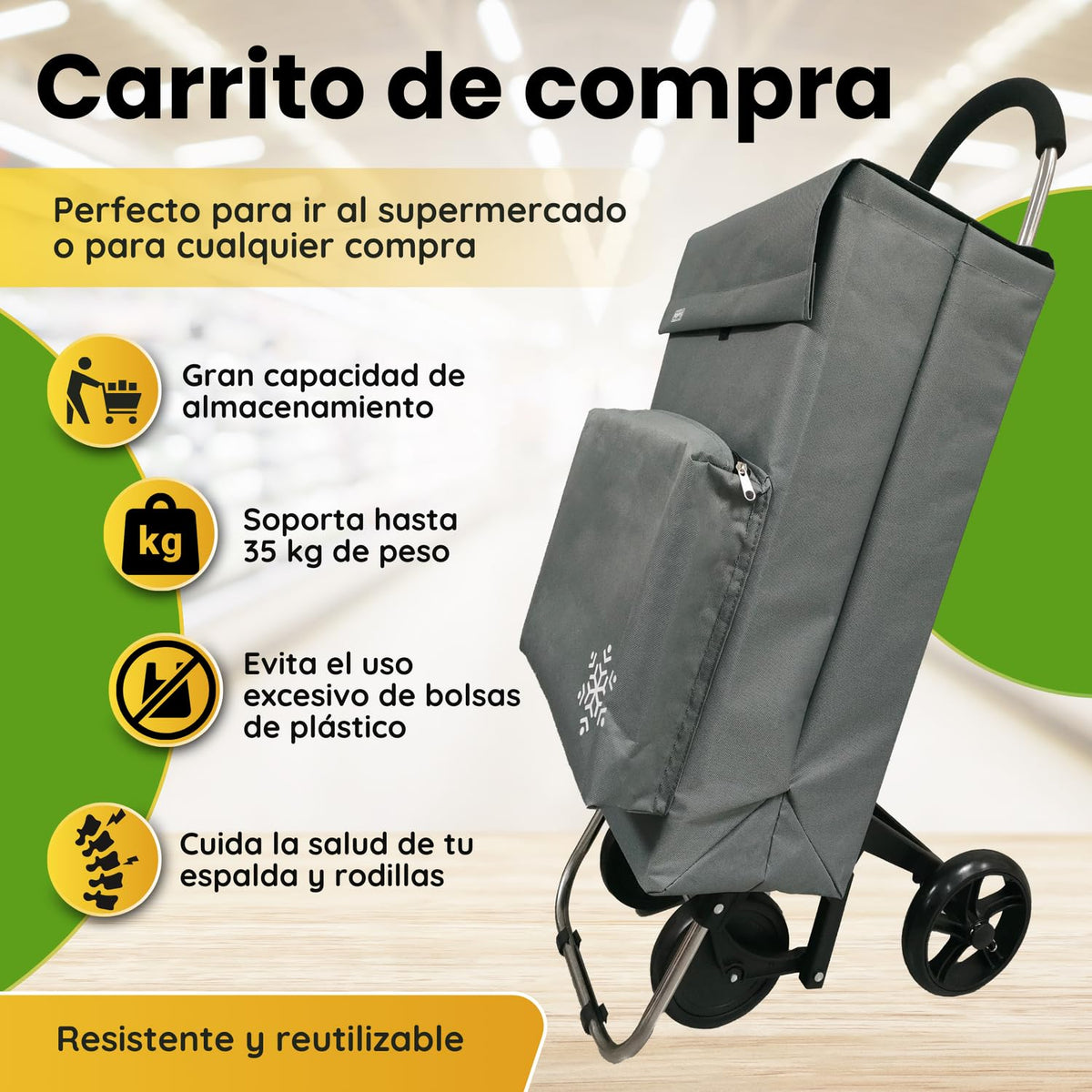 Carro de la Compra de 50L con Compartimento Refrigerante | Carrito Compra de 4 y 2 Ruedas Ideal para Supermercado (Requiere Montaje)