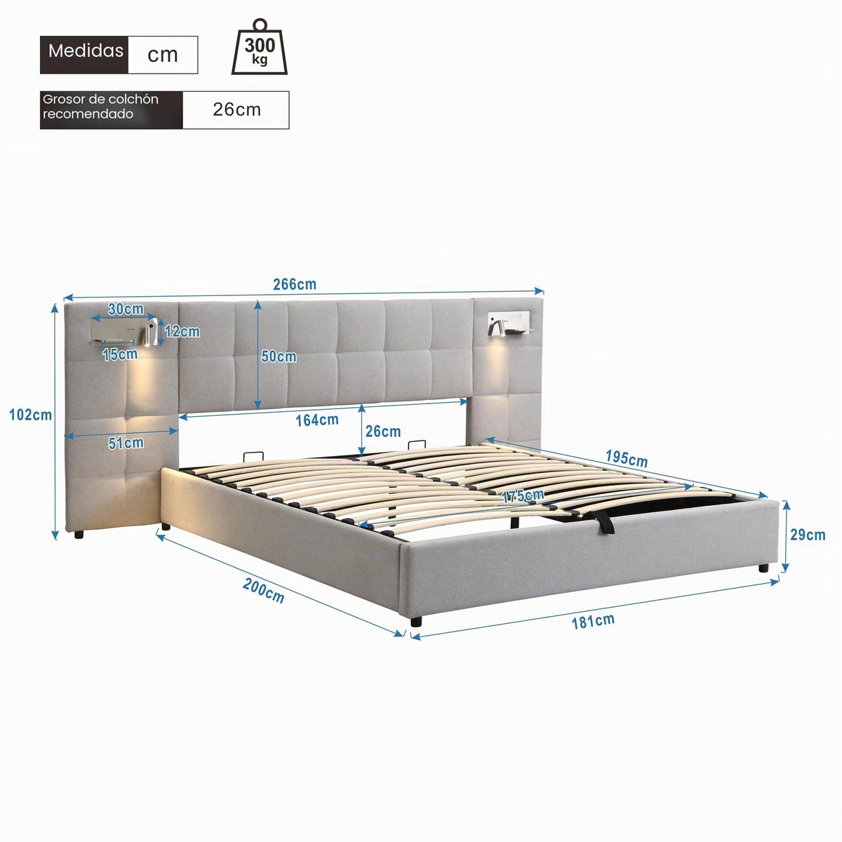 Cama 180x200 cm Camas Matrimoniales con LED y Lámpara de Noche, Cama Doble Tapizada con USB y Cabecero Ancho, Almacenaje Hidráulico, Soporte de Lamas de Madera, Terciopelo, Sin Colchón, Gris