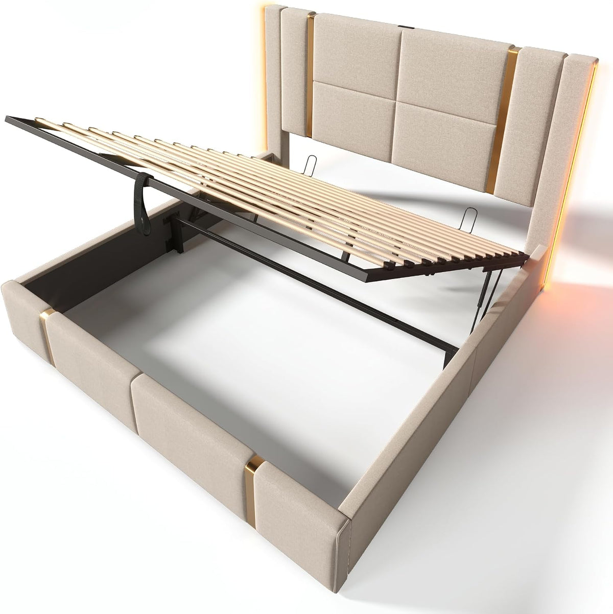 Cama tapizada doble USB tipo C función de carga APP Control LED 180 × 200 cm espacio espacio cama somier de láminas de madera, material de lino beige (sin colchón)