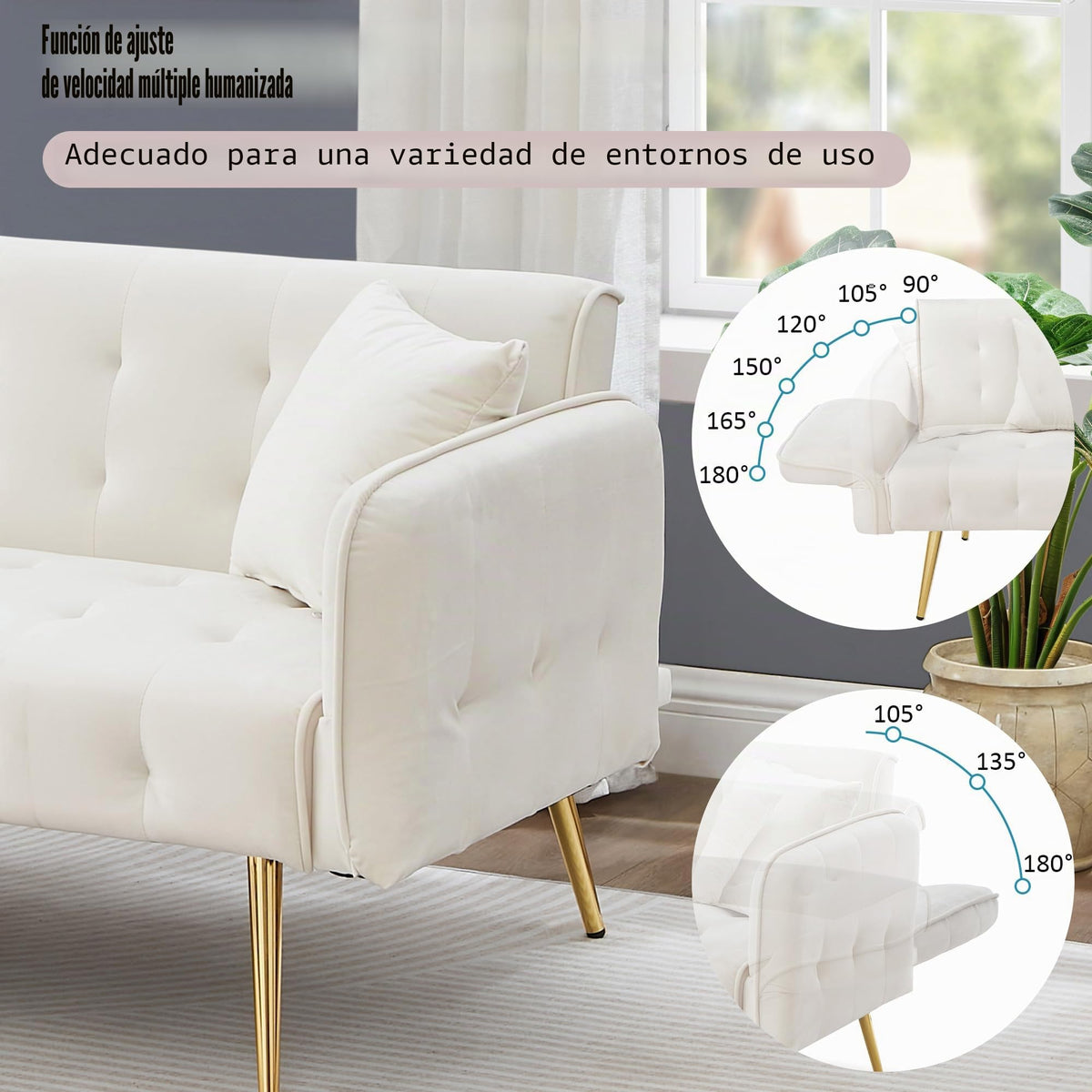 Sofá cama con esquinas ajustables, patas doradas, almohadas y bolsillos laterales para almacenamiento (Bavia)