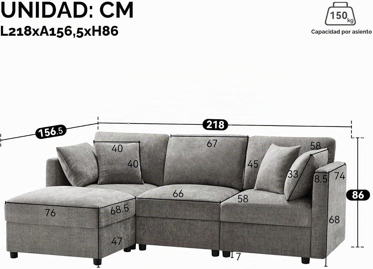 Soweiz Sofá de esquina en forma de L con reposapiés, sofá cama convertible de 3 plazas, 4 cojines, brazos ajustables, tejido chenilla, adecuado para salón/oficina/apartamento, 218 x 156,5 x 86 cm