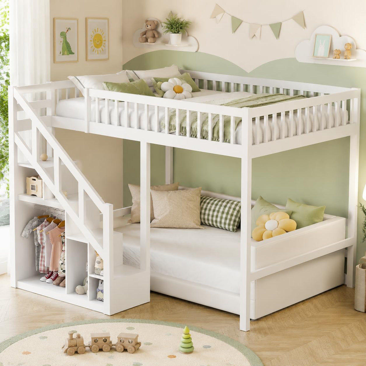 Cama alta, cama infantil, marco de cama con escalera, diseño de valla alta, almacenamiento, somier de láminas y zona de suspensión abierta, para niños y adolescentes, blanco (90x200 cm)