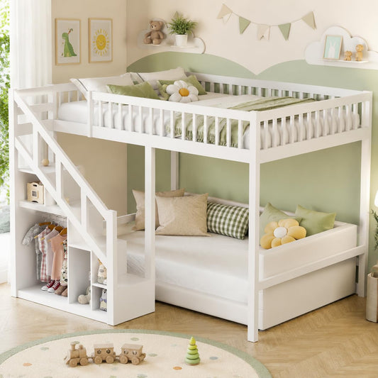 Cama alta, cama infantil, marco de cama con escalera, diseño de valla alta, almacenamiento, somier de láminas y zona de suspensión abierta, para niños y adolescentes, blanco (90x200 cm)