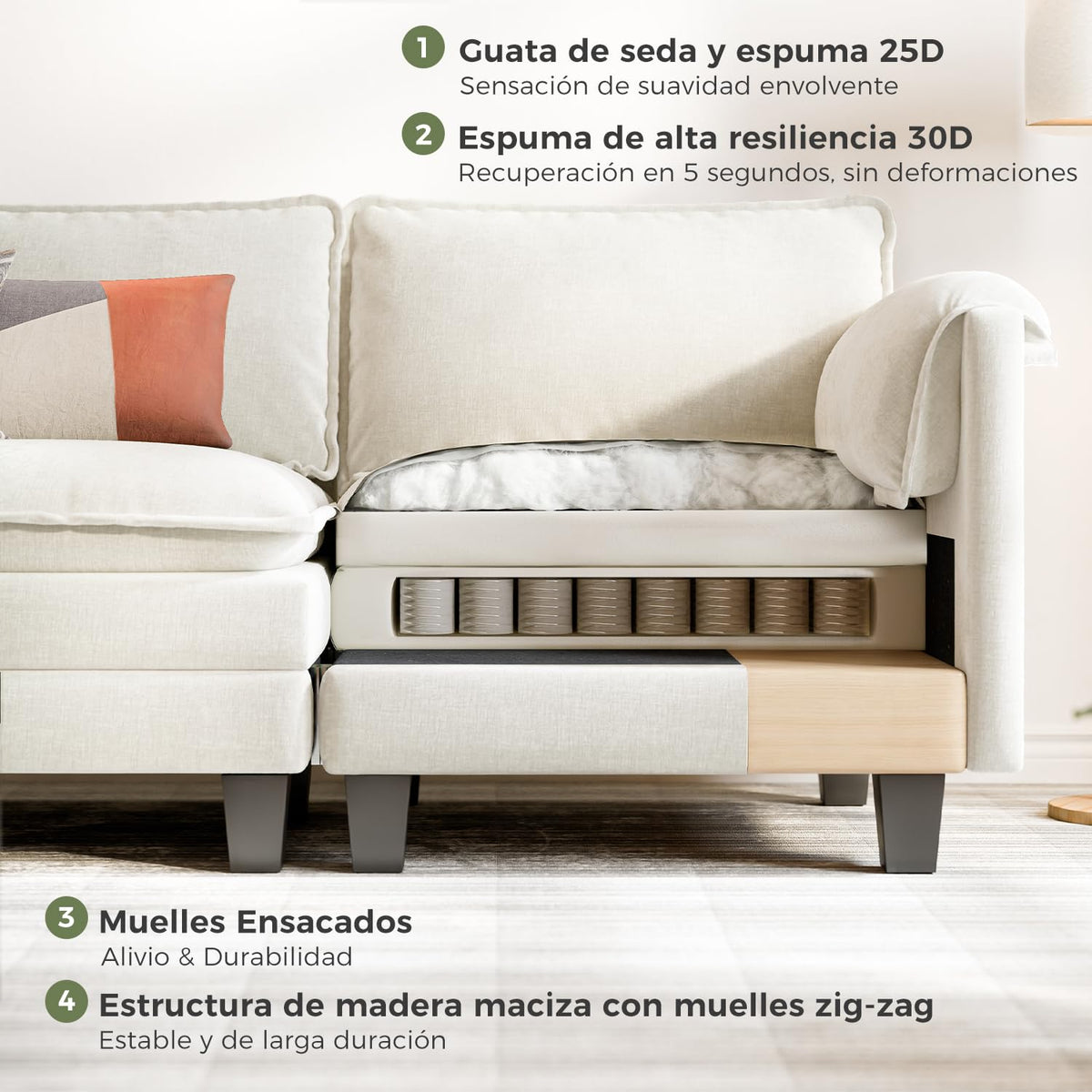ELUCHANG Sofá Nube Modular 256cm, Sofá de 3 Plazas con Asiento Profundo 62cm, Montaje sin Herramientas, Sofá Moderno de Chenilla para Salón y Habitación, Gris Perla