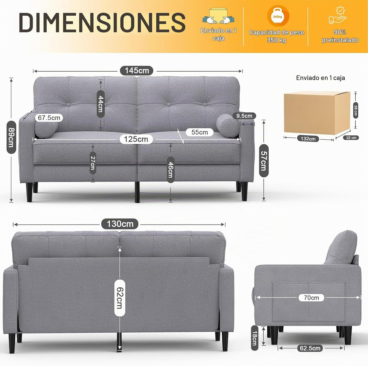 Sofá 2 Plazas, Cojines Gruesos, 2 Bolsillos (Gris Ceniza)