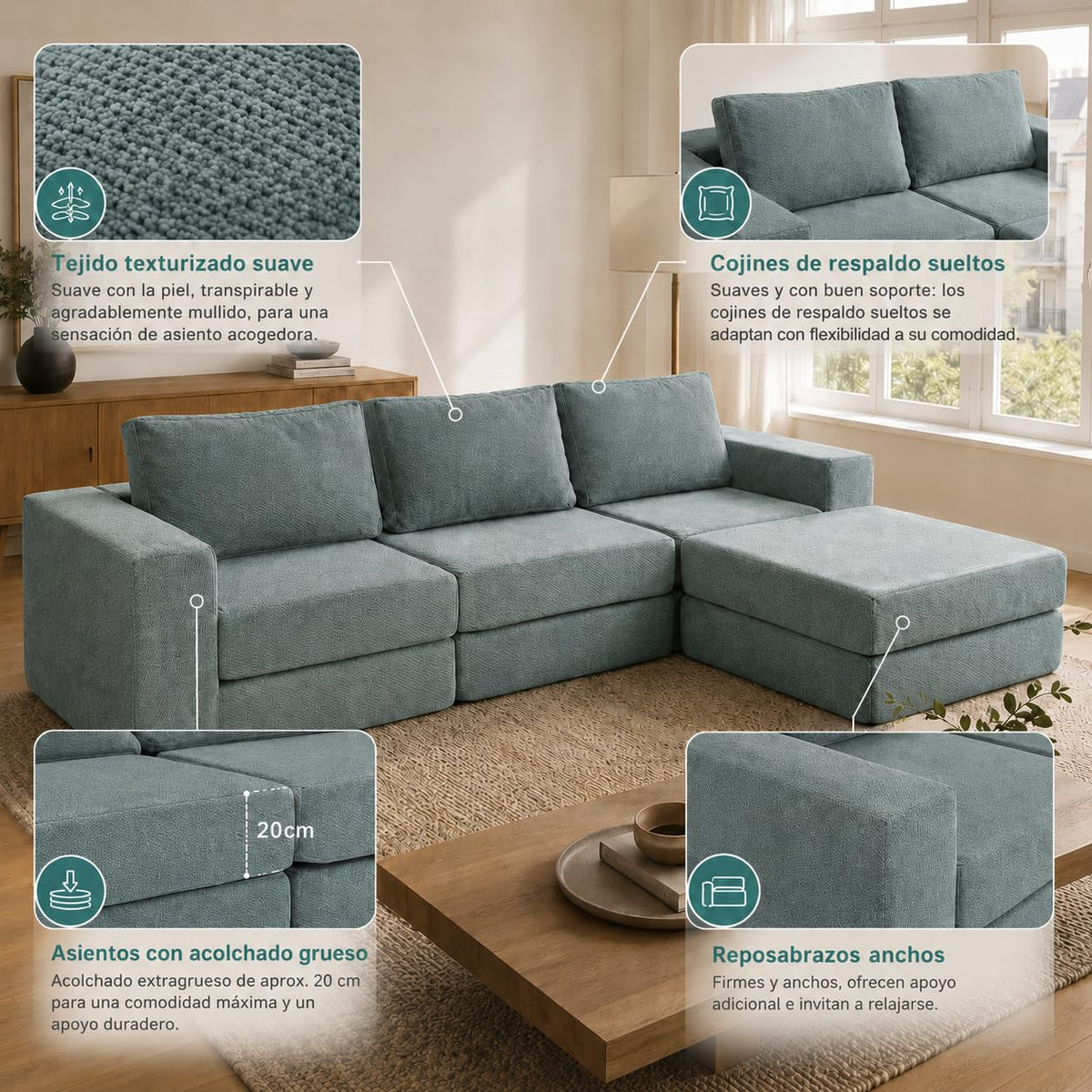 Sofá cama con respaldo en forma de L de 275 cm, 4 plazas, de terciopelo nube, con otomana izquierda y derecha, sin montaje, moderno sofá de salón para salón (gris)