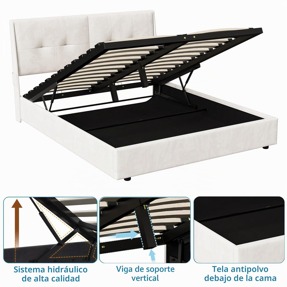 BRILVERDE Cama Tapizada 160x200 con Almacenamiento, Cama matrimonial con cajones, Cama Nido con LED, Cabecero Acolchado y Base de Láminas, Terciopelo (Beige, 160 x 200 cm)