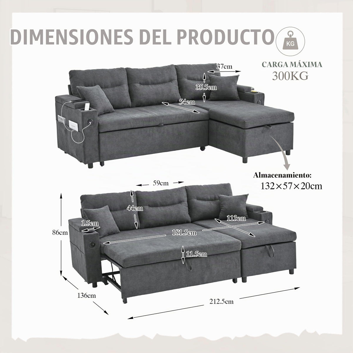 Dolamaní Sofá moderno de 4 plazas de tela de lino con espacio de almacenamiento y función de dormir, sofá cama con cajonera extensible en forma de L para casa y salón (beige B)