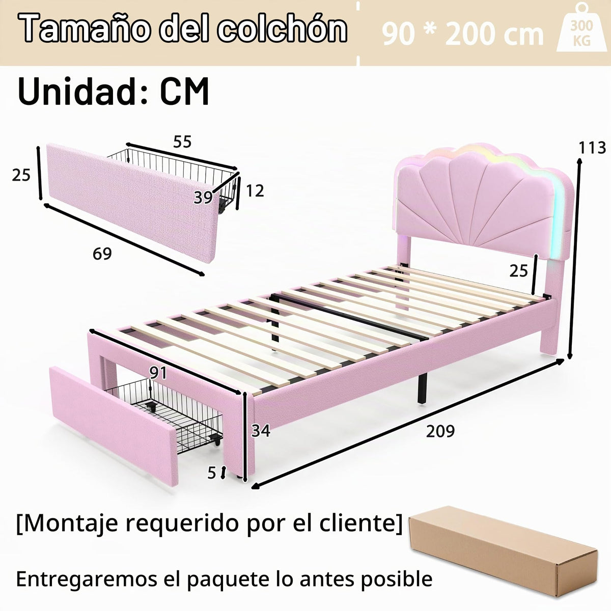 Armazón de Cama de Cuero 140x200cm con luz LED, Blanco