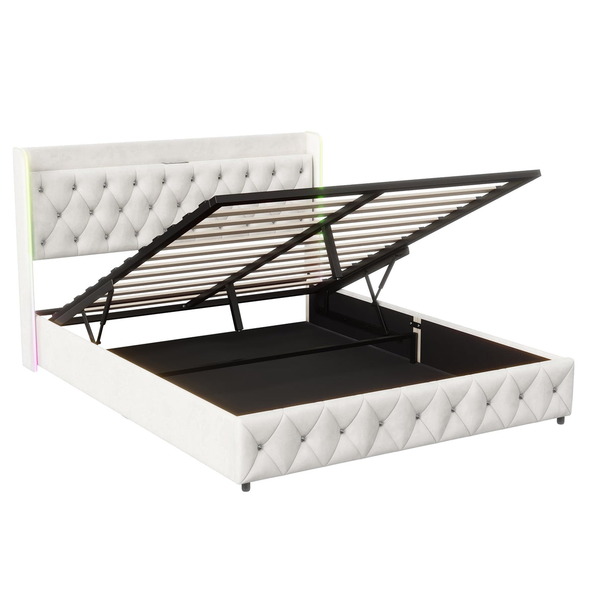 Cama tapizada de 160 x 200 cm, cama doble LED con espacio de almacenamiento, cabecero y función de carga USB C, cama de almacenamiento hidráulico, respaldo con somier de láminas de madera
