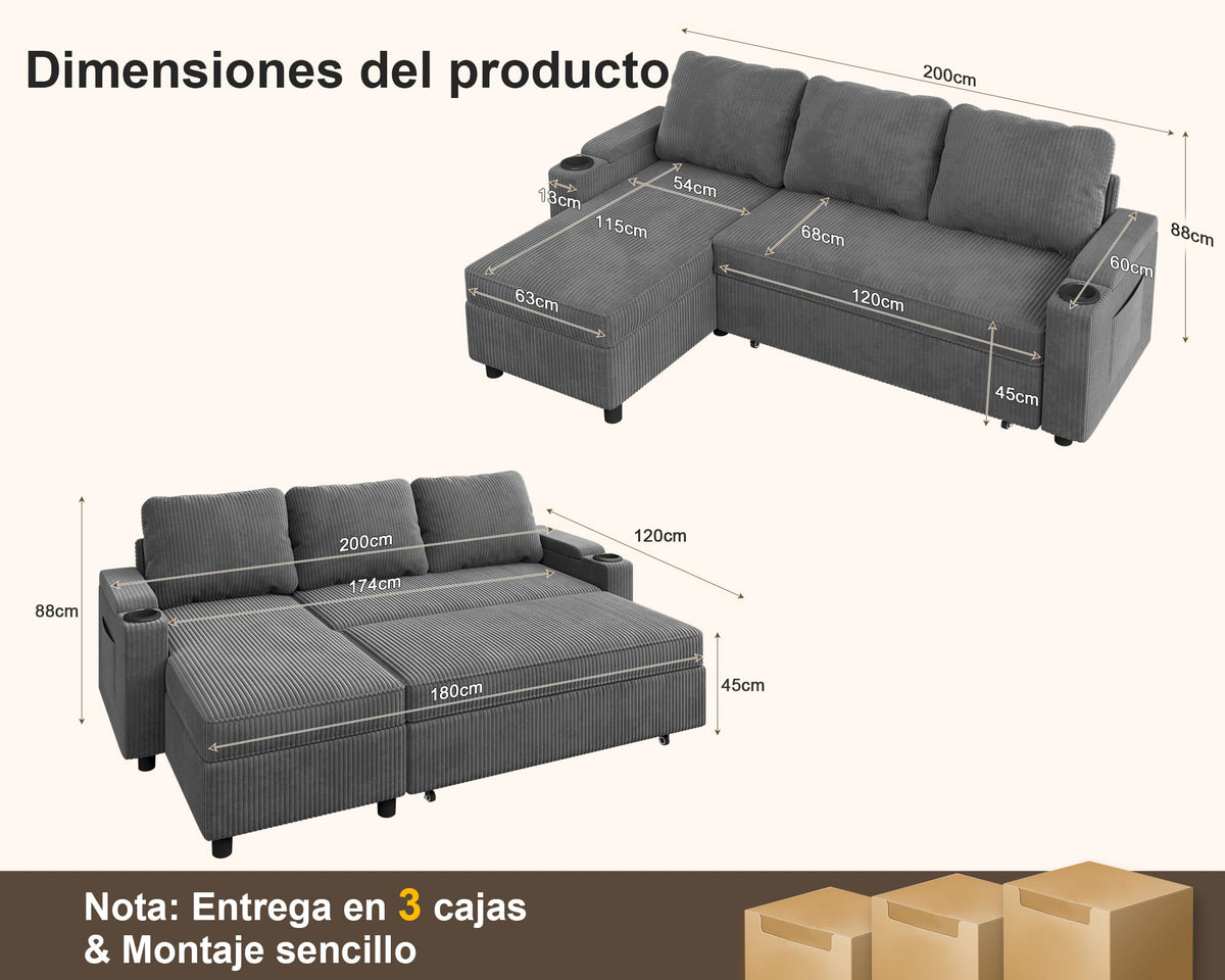 Devoko Sofá Cama L 3 plazas Azul Marino con almacén y portavasos, sofá Convertible Suave para salón y Piso, multifunción con Brazos amplios y Gran almacenaje