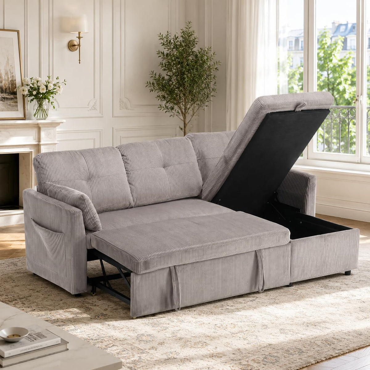 Lubvtti Sofá cama de 3 plazas moderno con función de cama, con espacio de almacenamiento, cargador USB, reposabrazos portaobjetos y 2 cojines, sofá de esquina en L, sofá de 3 plazas, chenilla (C-gris)