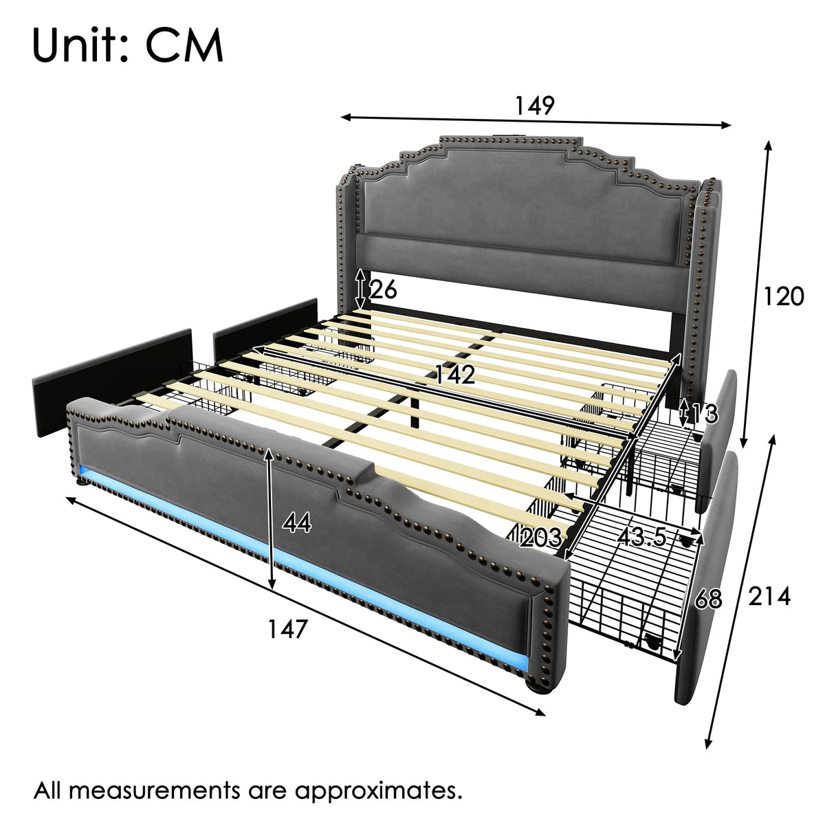 Cama tapizada de 160 x 200 cm, cama doble con 4 cajones, iluminación LED y puerto de carga USB-C, cama de almacenamiento y cama juvenil con somier, terciopelo, beige, sin colchón