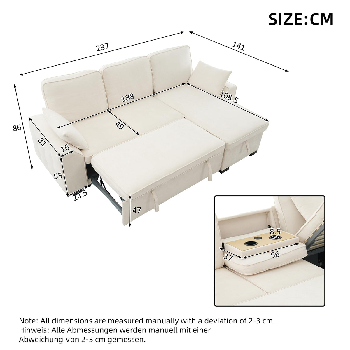 Sofá modular de 3 plazas con función cama extensible y USB/Type-C, sofá esquinero en forma de L con reposacabezas semifijos y compartimento de almacenamiento, sofás con chaise longue