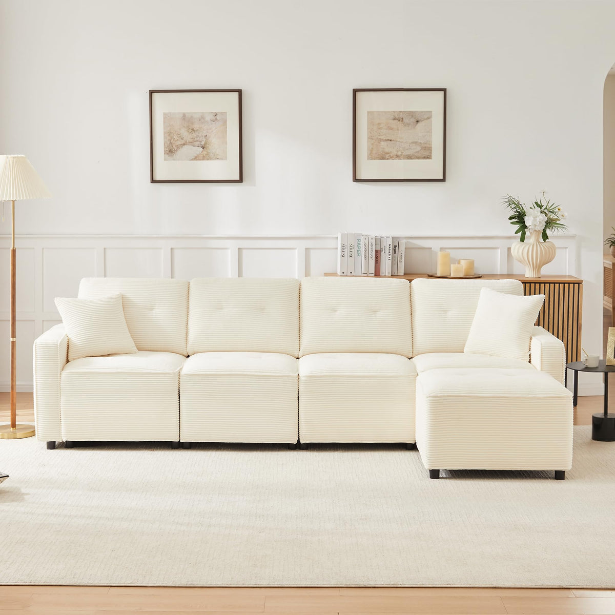 LAKFEW Sofa Cama con Cama Extensible y Taburete Almacenaje, Sofa Rinconera con USB, Lámpara de Lectura, Mesa Plegable con 2 Posavasos, 205x205x85 cm, Gris