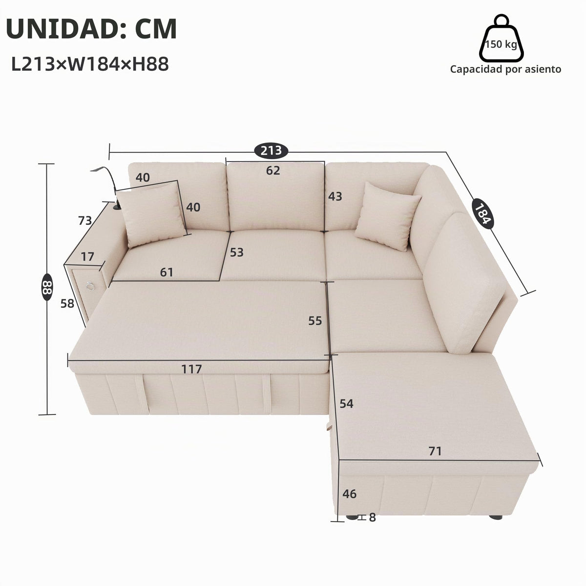 Sofá esquinero extensible en forma de L con puerto USB y portavasos, sofá cama de 4 plazas con función cama, sofá convertible con espacio de almacenamiento y reposabrazos, cojines, chenilla