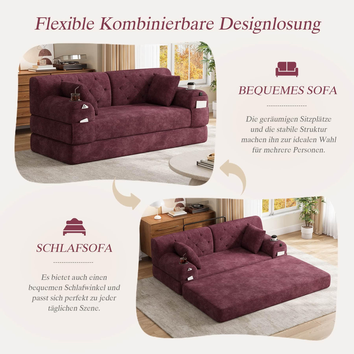 YEHTOKHOME - Sofá de Velor acanalado con respaldo alto y estructura metálica, sofá moderno de 2 plazas con 2 portavasos y 4 bolsillos laterales, para salón, dormitorio (Beige)