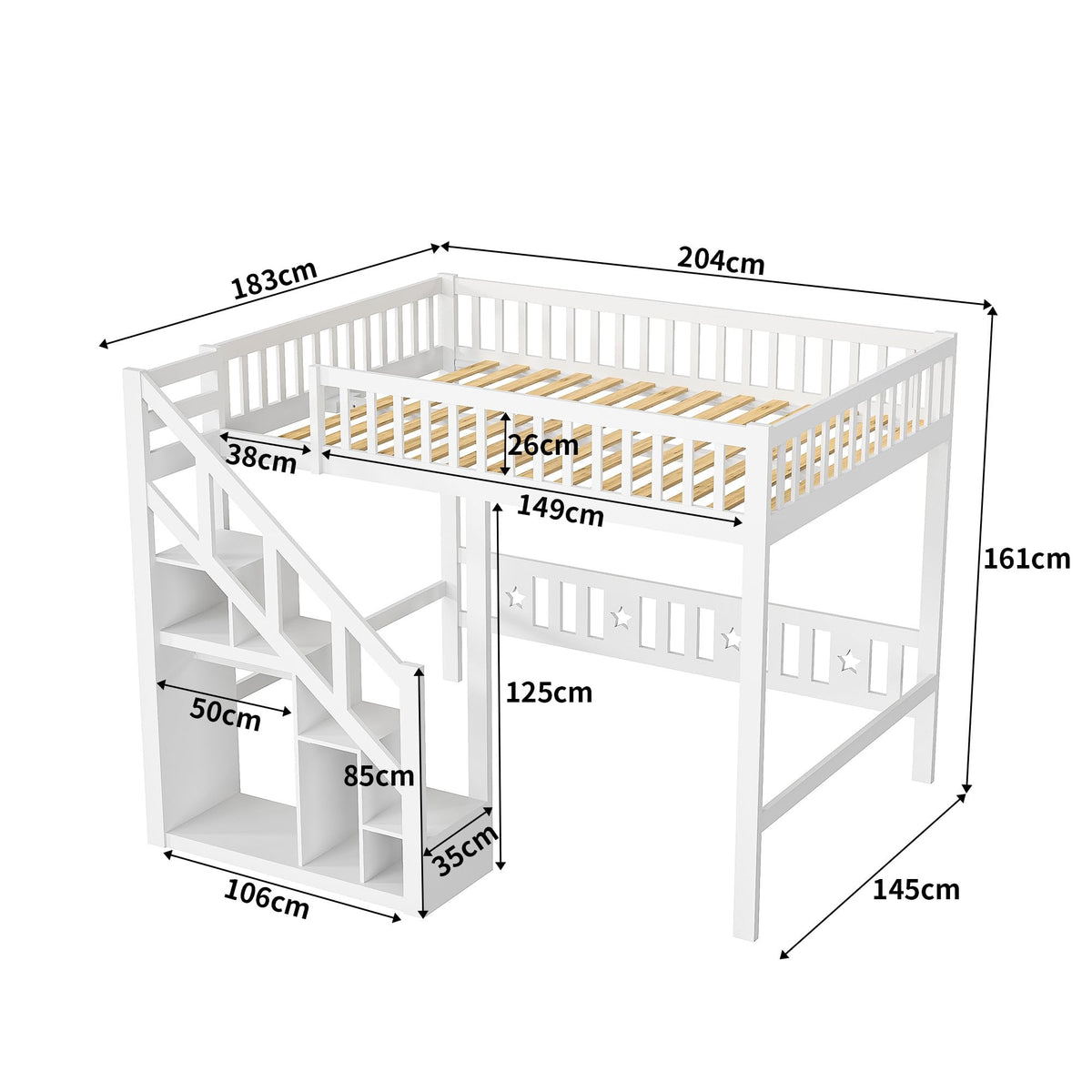 Cama alta, cama infantil, marco de cama con escalera, diseño de valla alta, almacenamiento, somier de láminas y zona de suspensión abierta, para niños y adolescentes, blanco (90x200 cm)